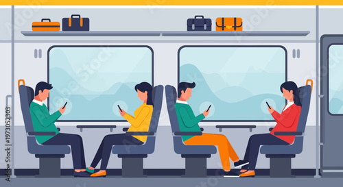 People using smartphones on a train journey, modern travel concept