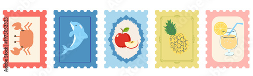 modern trendy summer post card stamp illustration set 