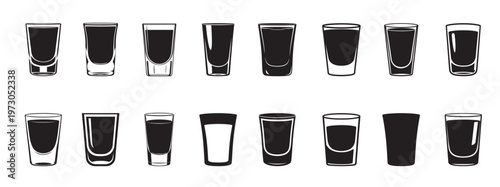 Set of  juice glass icon vector illustration isolated on white background. espresso shot glass silhouette Black silhouettes with white background, vector illustration.