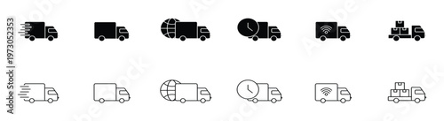 A comprehensive set of delivery truck icons in flat black and white. Features express shipping, global logistics, and 24-hour service symbols in outline, circular, and solid badge styles, vector.