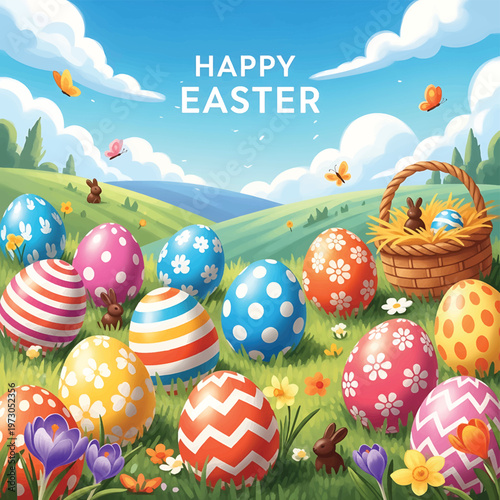 Colorful Easter Eggs in Grass.