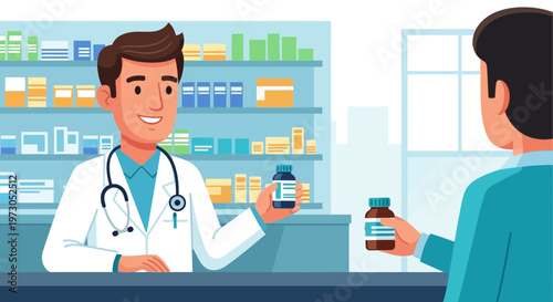 Pharmacist handing medicine bottle to customer in pharmacy with shelves of medication