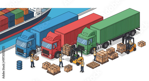 Cargo Trucks and Containers at Shipping Port with Forklifts and Workers