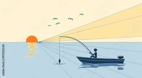 Fisherman in boat at sunset, catching fish, serene ocean view, summer leisure
