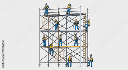 Construction workers on scaffolding, building site, teamwork, safety gear, industrial labor