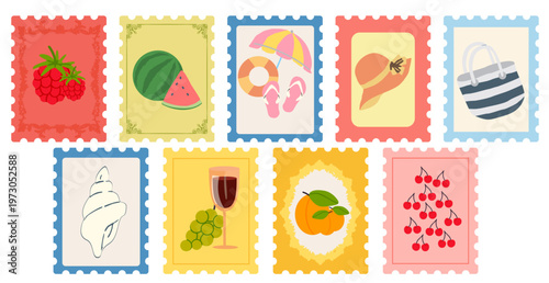 summer post card stamp illustration set , beach, summer, fresh ,fruits and flower stamp, modern trendy