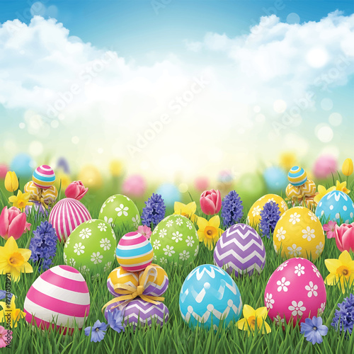 Colorful Easter Eggs in Grass.