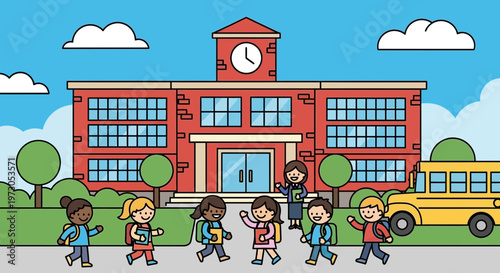 Happy Children Arriving at School Building with Yellow Bus and Teacher