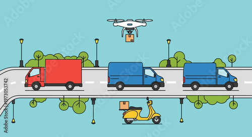 Drone, Van, Truck, Scooter Delivery Services: Modern Logistics and Transportation Concept