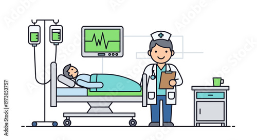 Doctor and Patient in Hospital Bed with IV Drip and Monitor - Flat Design Illustration