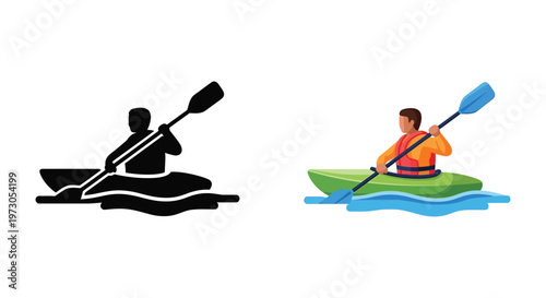 Kayaking illustration shown in color and as a stark black silhouette