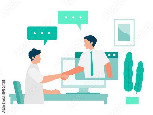 Businessman in short sleeves having a video conference and sales meeting via laptop for summer energy-saving telework and hybrid business solution line art