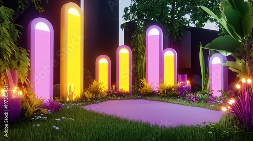 Neon Garden: Illuminated Arches and Lush Greenery in Dreamscape Setting