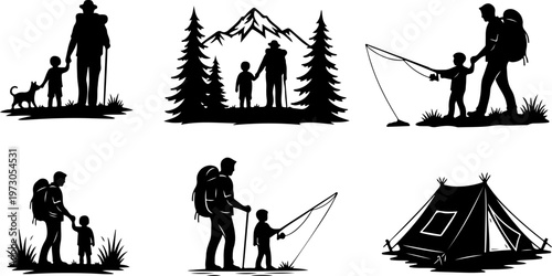 Father and son outdoor playing silhouette set