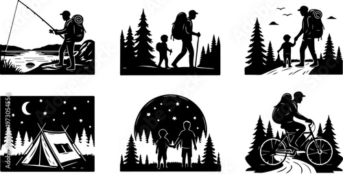 Father and son outdoor playing silhouette set