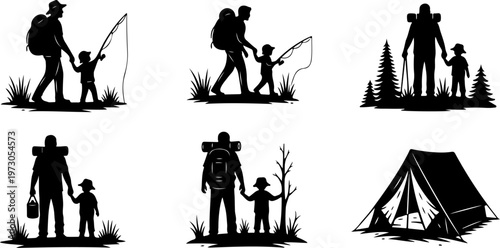Father and son outdoor playing silhouette set