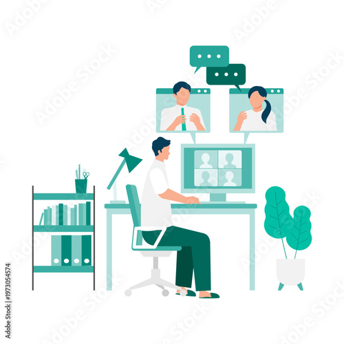 Business partners in short sleeves connecting for a home-based video meeting via laptop to promote summer energy-saving lifestyle and hybrid work efficiency