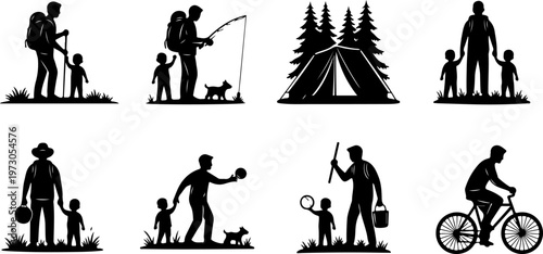 Father and son outdoor playing silhouette set