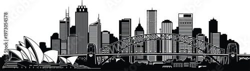 Black and white silhouette of Sydney skyline with Opera House and Harbour Bridge Keywords: Sydney, Australia, skyline, cityscape