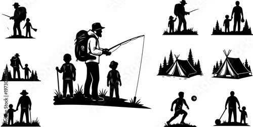 Father and son outdoor playing silhouette set