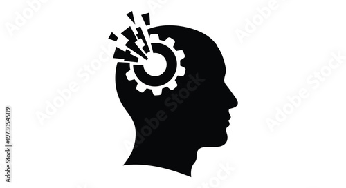 Human head profile with gears and shattering effect black silhouette