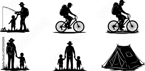 Father and son outdoor playing silhouette set