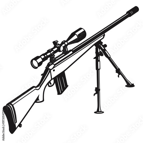 Sniper rifle, bolt action rifle, telescopic sight, tripod mounted, black vector illustration, hunting, military, tactical