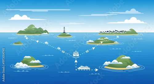Island hopping ferry route illustration, transportation and travel concept