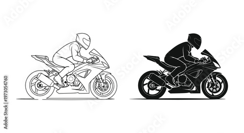 Motorcycle rider in dynamic pose two versions presented as a silhouette