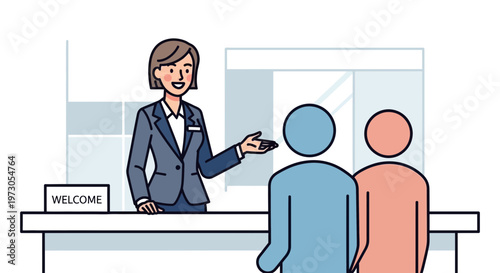 Friendly receptionist welcoming guests at hotel counter, customer service, hospitality concept