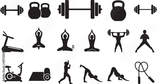 A collection of fitness icons including people and exercise equipment