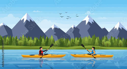 Couple kayaking together. Cartoon Kayaking Duo: Recreational Fun and Adventure on Tranquil Water Surfaces. vector
