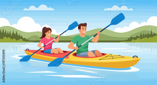 Couple kayaking together. Cartoon Kayaking Duo: Recreational Fun and Adventure on Tranquil Water Surfaces. vector