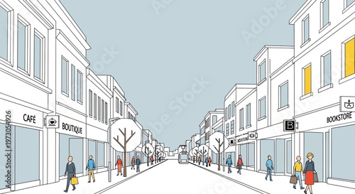 Sketchy Street Scene with Shops, Cafe, and Bookstore, People Walking