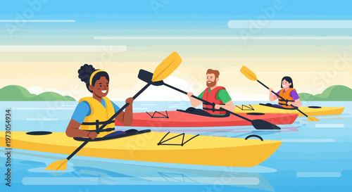 Couple kayaking together. Cartoon Kayaking Duo: Recreational Fun and Adventure on Tranquil Water Surfaces. vector