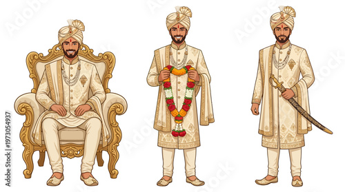 Indian Groom Vector Set In Traditional Cream Sherwani Showing Wedding Poses Like Sitting On Chair, Holding Floral Garland, And Carrying A Ceremonial Sword For Marriage Design