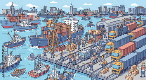 Busy Harbor Scene: Ships, Cranes, Trucks, and Workers in Shipping Port
