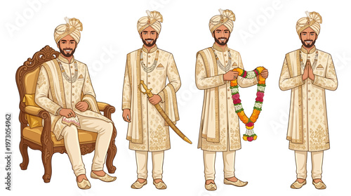 Indian Groom Vector Set In Traditional Cream Sherwani Showing Wedding Poses Like Sitting On Chair, Holding Floral Garland, And Carrying A Ceremonial Sword For Marriage Design