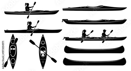 Kayak silhouettes, Canoe silhouette, Woman kayaking silhouette, Kayaking silhouette, Kayak SVG, Kayak vector set