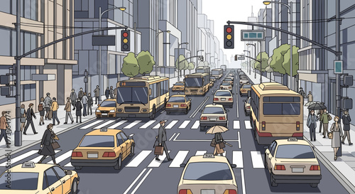 Busy City Street with Traffic, Taxis, Buses, Pedestrians, and Buildings