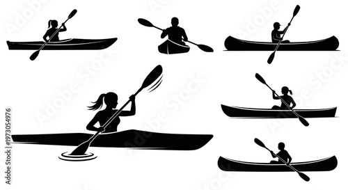 Kayak silhouettes, Canoe silhouette, Woman kayaking silhouette, Kayaking silhouette, Kayak SVG, Kayak vector set