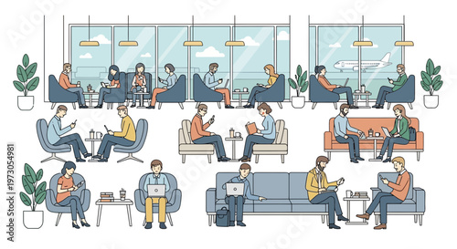 People relaxing and working in a modern airport lounge with large windows and airplane view.