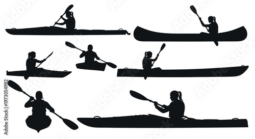 Kayak silhouettes, Canoe silhouette, Woman kayaking silhouette, Kayaking silhouette, Kayak SVG, Kayak vector set