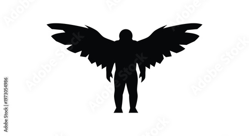 A striking black figure with expansive wings presented as a silhouette