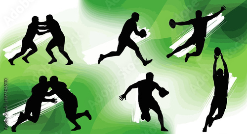 Close-up portrait of a rugby player with ball in action. Sports concept.Black silhouettes of professional rugby players in action, running, kicking ball, passing, tackling during match, isolated