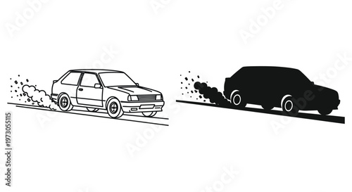 Two cars depicted with varying detail one rendered as a striking silhouette