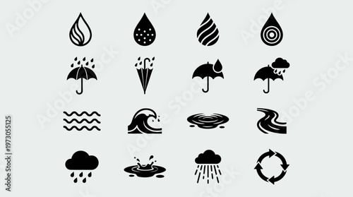 Black icons of water droplets, umbrellas, waves, rain clouds, cycle symbols, representing precipitation, motion, weather, water cycle, natural flow.