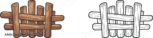 Wooden fence illustration & outline set isolated on transparent background 
