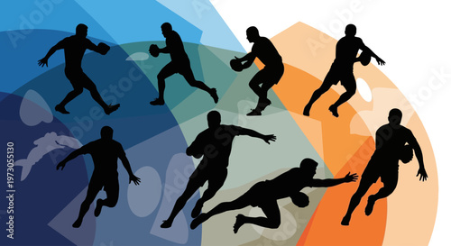 Close-up portrait of a rugby player with ball in action. Sports concept.Black silhouettes of professional rugby players in action, running, kicking ball, passing, tackling during match, isolated