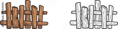 Wooden fence illustration & outline set isolated on transparent background 